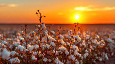 A stunning view of a cotton field at sunset, showcasing silhouetted plants against a vibrant sky. The scene captures nature's beauty and tranquility.の素材