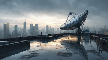 A striking satellite dish stands tall on a rooftop, reflecting the dawn light against a moody city skyline, showcasing a blend of technology and urban landscape.の素材