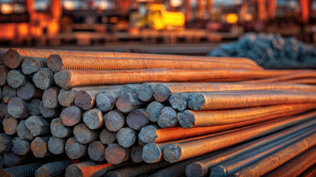 This image captures a close-up view of steel rods stacked in an industrial yard during sunset light, showcasing the textures and colors of manufacturing materials.の素材