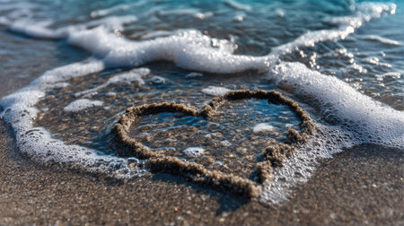 A heart shape crafted in sand on the beach, gently kissed by waves, symbolizes love and tranquility. Perfect for themes of romance and nature.の素材