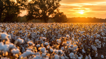 A breathtaking view of a cotton field during sunset, showcasing soft white blossoms against a warm golden sky. The tranquil scene captures the beauty of nature and agriculture.の素材