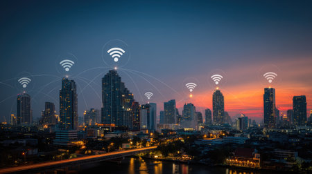 A stunning cityscape showcasing modern buildings illuminated at sunset, enhanced with Wi-Fi symbols, representing network connectivity and technological progress.の素材