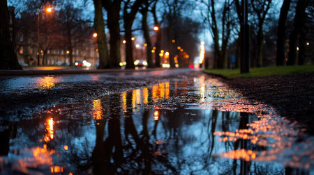 Captivating night scene showcasing reflections on wet pavement, surrounded by trees. Warm lights create a tranquil ambiance, perfect for urban nature lovers.の素材