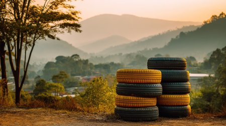 Stacked blue and yellow tires create a striking contrast against a serene sunset backdrop, highlighting a beautiful mountain landscape at dusk.の素材