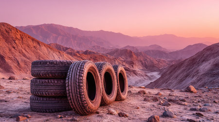 A picturesque scene featuring a pile of tires set against majestic mountainous terrain during sunrise, showcasing vibrant colors and serene nature.の素材