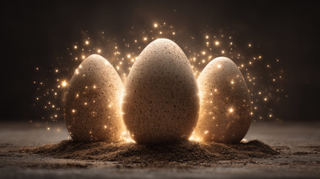 A mesmerizing scene featuring three glowing eggs surrounded by a sparkling dust on a dark background, evoking a sense of magic and wonder. Perfect for creative projects.の素材