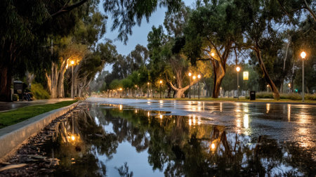 A peaceful city park scene at dusk, showcasing calm puddles reflecting street lights and trees. Ideal for nature and serenity themes.の素材