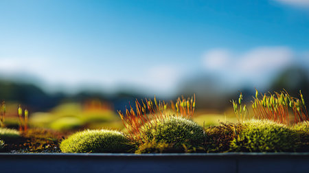 A captivating close-up view of vibrant green moss and fresh sprouts thriving under bright sunlight, showcasing the beauty of nature in a tranquil setting.の素材