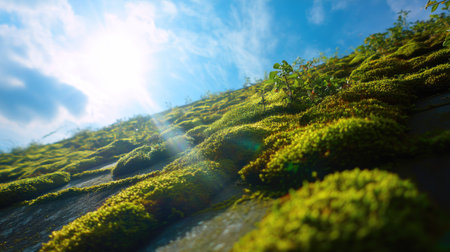 Captivating view of lush green moss growing on rocky surface, illuminated by sunlight under a bright blue sky. A serene and peaceful natural scene.の素材