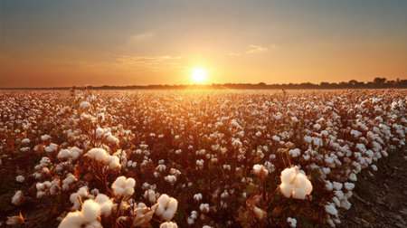 A picturesque cotton field stretches beneath a vibrant sunset, showcasing fluffy white blooms against a stunning sky. Perfect for nature and agriculture themes.の素材