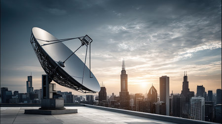 A large satellite dish captures signals against a stunning city skyline during sunset. The scene illustrates modern technology integrated into urban life.の素材