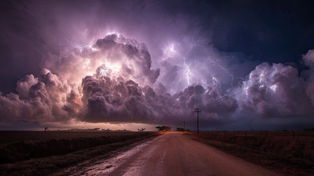A breathtaking view of a thunderstorm illuminating a rural road. Bright lightning flashes through dramatic clouds, creating a stunning nighttime spectacle. Perfect for nature lovers and weather enthusiasts.の素材