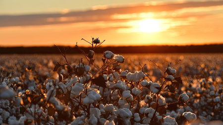A serene cotton field illuminated by a stunning sunset, showcasing soft blossoms against a vibrant horizon. Perfect for nature lovers and agricultural themes.の素材