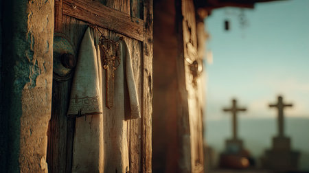 An old wooden door draped with a textile cloth features a religious cross in the background, evoking tranquility and cultural heritage in a serene outdoor setting.の素材