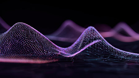 Explore this stunning abstract image of digital waves, showcasing vibrant light patterns and intricate particle designs, perfect for technology and creative themes.の素材