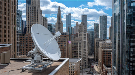 A satellite dish installed on a rooftop overlooks a vibrant urban skyline. The scene features a mix of modern and historical buildings under a partly cloudy blue sky.の素材