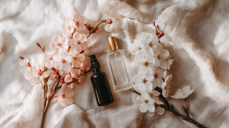 A serene composition featuring elegant perfume bottles surrounded by delicate blossoms, ideal for beauty, wellness, and lifestyle themes.の素材