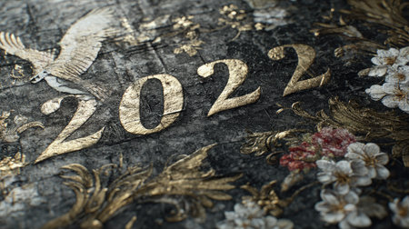 Stunning decorative artwork showcasing the year 2022 with gold leaf accents and floral designs, perfect for celebrating special occasions and events.の素材