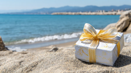 A beautifully wrapped gift with a golden ribbon sits on sandy beach, overlooking the serene ocean. Perfect for summer celebrations and joyful moments.の素材
