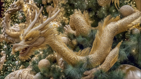 A striking golden dragon ornament entwined in a beautifully decorated Christmas tree, showcasing intricate details and festive charm, perfect for holiday decor inspiration.の素材