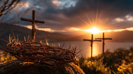 A dramatic scene featuring a crown of thorns in the foreground and crosses at sunrise over a serene lake. This image captures themes of faith and spirituality.の素材