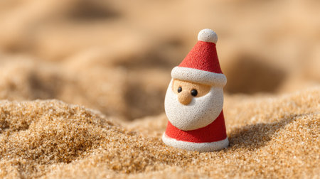 A whimsical Santa Claus figure stands out against sandy beach surroundings, creating a playful contrast between winter holiday themes and summer vibes. Perfect for imaginative holiday content.の素材