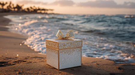 A beautifully wrapped gift box sits on the sandy beach as gentle waves lap at its corners, illuminated by the warm glow of the sunset, creating a serene atmosphere.の素材