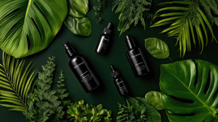 Explore a visually striking arrangement of skincare products on lush green leaves, embodying natural beauty and elegance, perfect for wellness and cosmetic branding.の素材