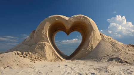 A stunning heart-shaped sand sculpture at the beach captures the essence of love and creativity with a beautiful blue sky and soft clouds above.の素材