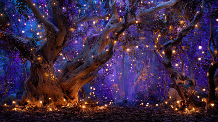 A breathtaking enchanted forest scene illuminated by glowing lights. The vibrant purple hues create a magical atmosphere perfect for evoking wonder and tranquility.の素材