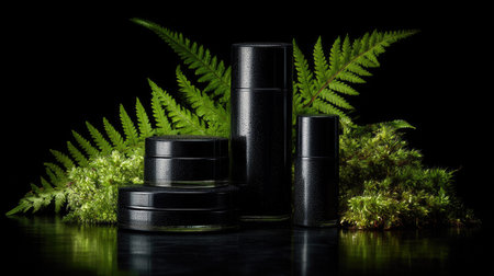 This image features sleek black cosmetic containers arranged artistically with lush green ferns and moss, creating a serene and elegant atmosphere ideal for beauty and wellness products.の素材