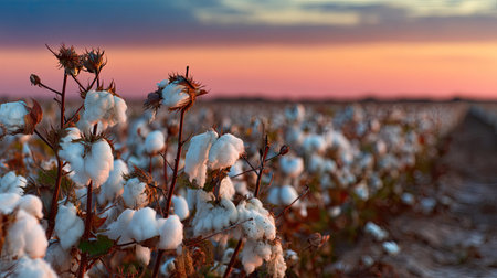 A stunning cotton field captured at sunset, showcasing white cotton bolls against a colorful sky. This imagery evokes tranquility and the beauty of rural agriculture.の素材