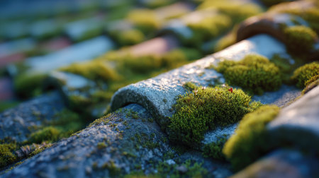 A close-up view of weathered roof tiles adorned with vibrant green moss. The interplay of natural elements and old architecture creates a serene and tranquil atmosphere.の素材