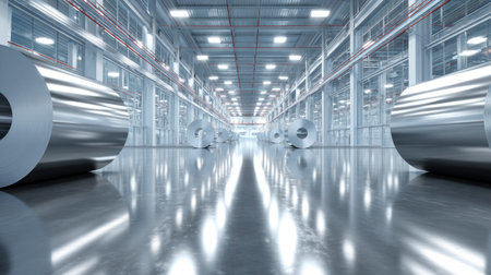 A vast modern industrial interior showcasing steel rolls on a shiny floor. The bright environment emphasizes an efficient manufacturing space ideal for production and logistics operations.の素材