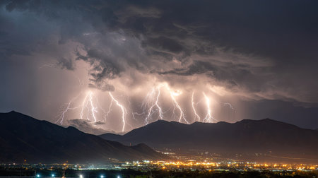 A stunning night scene showcasing a thunderstorm with vivid lightning strikes illuminating the city skyline. The stormy atmosphere contrasts with the calm mountains, creating a spectacular natural display.の素材