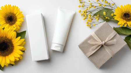 A beautifully arranged flat lay featuring a skincare tube, cheerful sunflowers, and a gift box, ideal for promoting beauty products and self-care themes.の素材