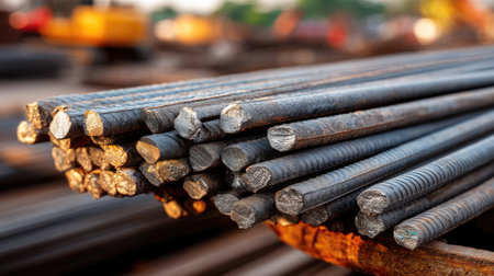 Close-up view of steel rods stacked in a construction yard during golden hour. The metallic surface reflects light, highlighting the durable materials used in building projects.の素材