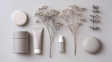 A serene flat lay featuring minimalist skincare products surrounded by delicate dried flowers. This arrangement showcases beauty, simplicity, and elegance in a neutral palette.の素材