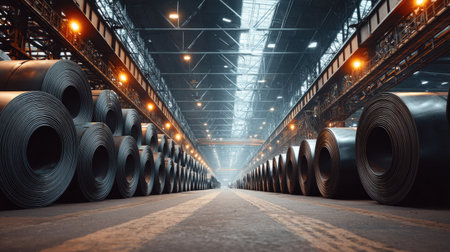 A spacious industrial warehouse featuring neatly arranged steel coils. Modern lighting illuminates the scene, highlighting the manufacturing process and the organized storage area.の素材