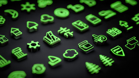 Collection of neon green icons on a sleek black background, suitable for digital projects. Perfect for enhancing creative designs and user interfaces.の素材