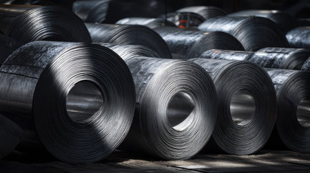 Close-up view of rolled metal sheets stored in an industrial warehouse. The shiny surfaces and textures create a striking contrast in this large-scale manufacturing environment.の素材