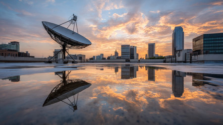 A captivating view of a satellite dish against a vibrant city skyline during sunset, with stunning reflections shimmering in the water. Ideal for technology and urban themes.の素材