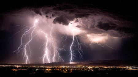 A breathtaking display of lightning strikes illuminating a cityscape during a nighttime storm, showcasing the raw power and beauty of nature against a darkened sky.の素材