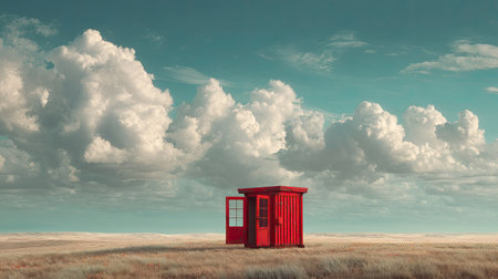 A striking red cabin stands alone in an expansive landscape beneath a dramatic sky filled with fluffy clouds, evoking feelings of solitude and tranquility.の素材