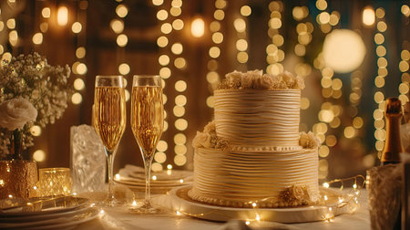 A stunning wedding cake adorned with delicate flowers, paired with champagne flutes. Soft bokeh lights create a romantic atmosphere perfect for celebrations.の素材