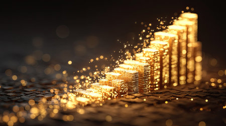 A mesmerizing digital illustration of golden bars ascending, depicting financial growth. Sparkling effects enhance the luxurious feel, symbolizing success and investment.の素材