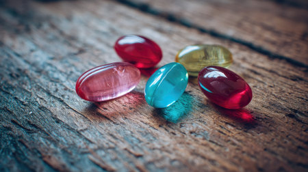 A captivating arrangement of colorful gel capsules on a rustic wooden surface. This image evokes health and wellness, emphasizing vibrant colors and textures.の素材