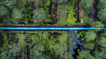 Captivating aerial view showcasing a lush forest with a blue pipeline running through vegetated landscapes, harmonizing nature and infrastructure in serene surroundings.の素材