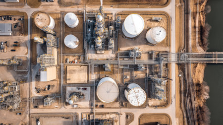 Aerial view of a modern oil refinery showcasing storage tanks, pipelines, and industrial infrastructure, highlighting energy production and processing efficiency.の素材