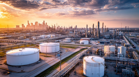 Stunning aerial view of an industrial complex at sunset, showcasing storage tanks and a bustling skyline, perfect for energy and urban themes.の素材